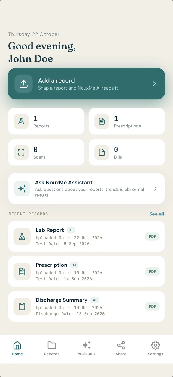 The NouxMe home screen on iPhone, with recent lab reports and prescriptions
