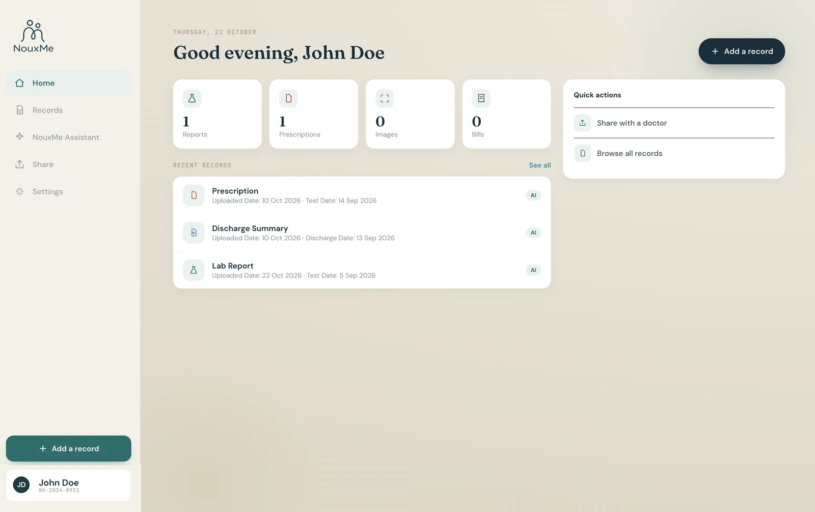 NouxMe in a web browser: the home screen with recent records and quick actions